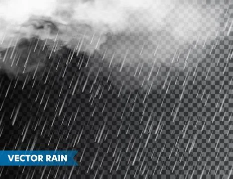Realistic rain with clouds on transparent background. Rainfall, water drops Stock Illustration