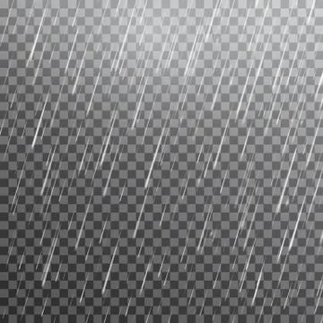 Realistic rain on transparent background. Rainfall texture. Falling water dro Stock Illustration