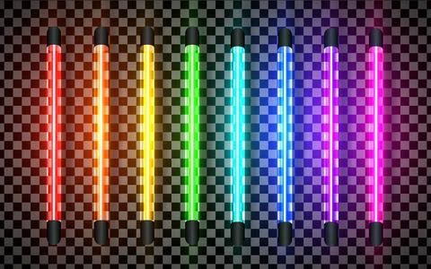 Realistic rainbow led neon vertical bulb tube light pack isolated. Lazer effect Stock Illustration
