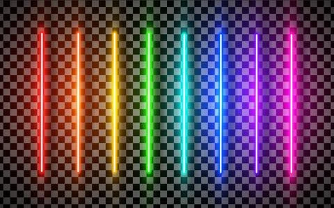 Realistic rainbow led neon vertical bulb tube light pack isolated. Lazer effe Stock Illustration