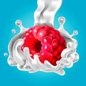 Realistic raspberry with milk. Illustration from a mesh gradient. Ilustração Stock