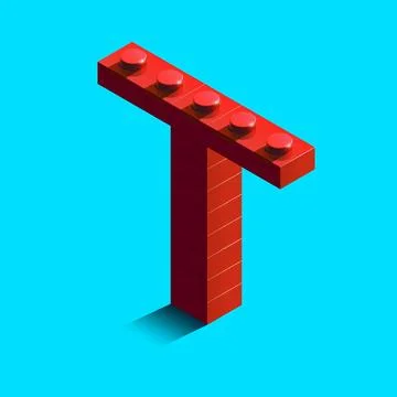 Realistic red 3d isometric letter T of the alphabet from constructor bricks.. Stock Illustration