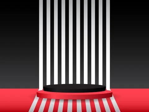 Realistic red and black 3D cylinder pedestal podium on striped background. .. Stock Illustration