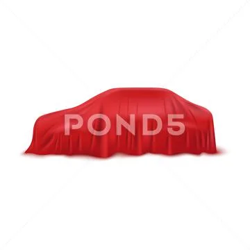 Realistic red car covered with a fabric cover for curtains made of silk or  satin ~ Clip Art #137081727