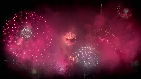 Realistic red firework heart shape and colorful firework background. Stock Footage 229293176