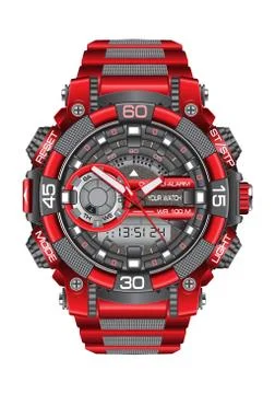 Realistic red grey watch clock chronograph sport on white background vector. Stock Illustration