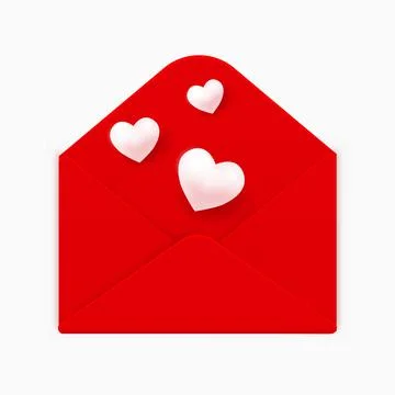 Realistic red opened envelope with flying pink hearts. Vector Stock Illustration