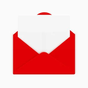 Realistic red opened envelope with white paper. Vector Stock Illustration