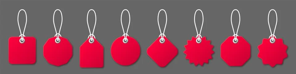 Realistic red price tags with white string on gray background. Special offer or Illustrazione stock