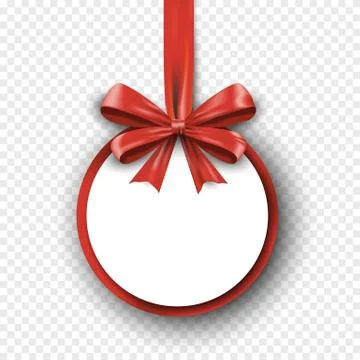 Realistic red silk gift bow with ribbon on round white backdrop isolated on t Stock Illustration