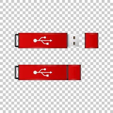 Realistic Red USB flash drive isolated object on transparent background. Vector Stock Illustration