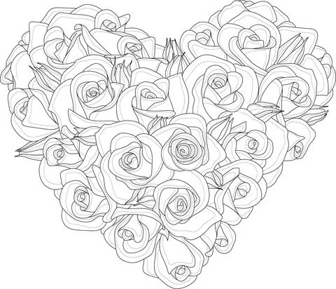Realistic rose flower bouquet in heart shape sketch template. Stock Illustration