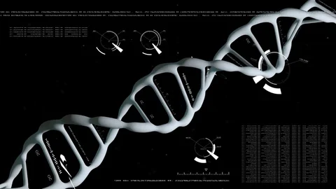 Realistic Rotating blue DNA with data processing background. The camera flies Stock Footage 77649638