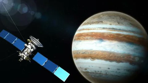 Realistic satellite in low Jupiter orbit. 3D rendering Stock Illustration