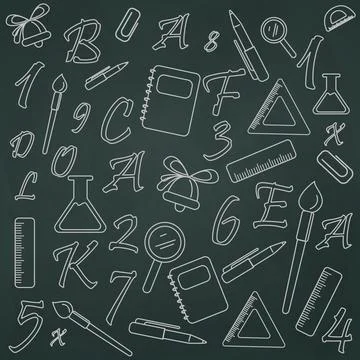 Realistic school board with drawn learning elements - Vector Stock Illustration