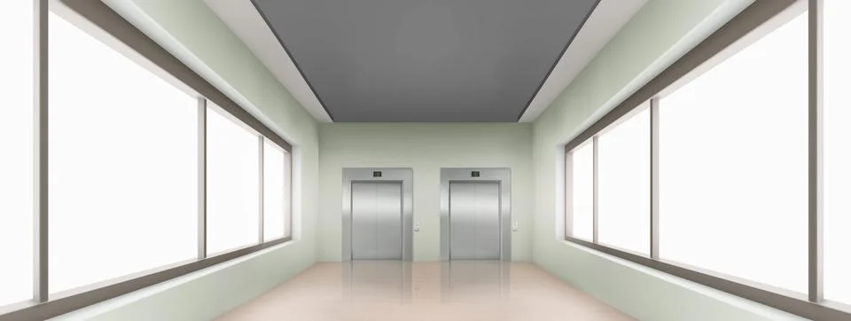 Realistic school corridor interior with windows 스톡 일러스트