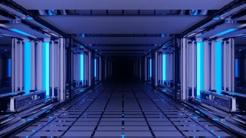 Realistic sci fi glass tunnel with blue neon lights and cool reflections in 4k Stock Footage 132169767