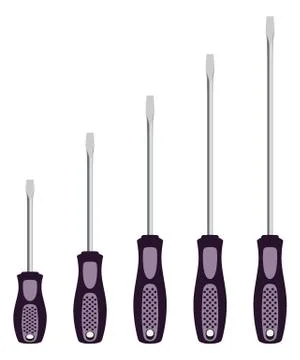 Realistic Screwdriver Set, Vector Illustration. The flat-blade screwdrivers. Stock Illustration