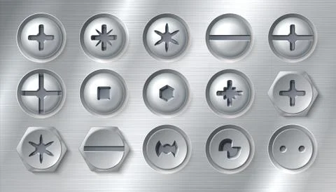 Realistic screws. Realistic attached nails bolts and fasteners on metal Stock Illustration