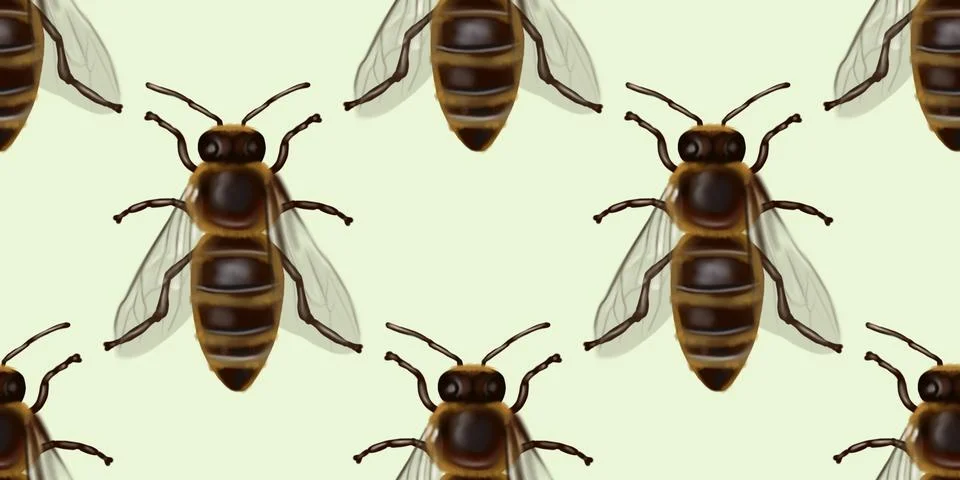 Realistic seamless pattern of honey bees. Watercolor background of bees Stock Illustration