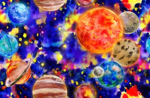 Realistic seamless pattern solar system in watercolor against a bright starry Stock Illustration