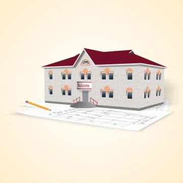 Realistic separately standing brick office building with drawings and pencil. Ilustración de archivo
