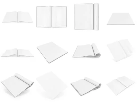 Realistic set of 3d rendering open and closed books or journal with blank white Stock Illustration