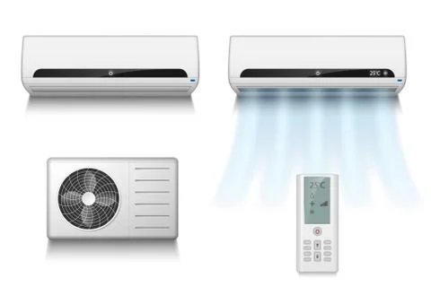 Realistic set of air conditioner with cooling and ventilation equipment isolated Stock Illustration