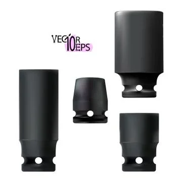 Realistic set black sockets for impact wrenches of high tensile metal Stock Illustration