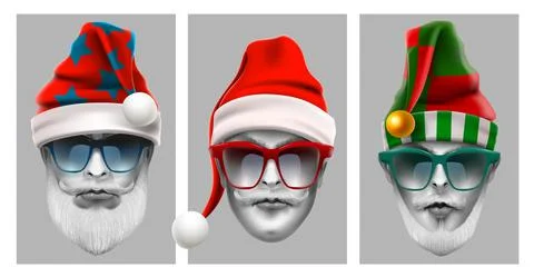 Realistic set of comic avatars of trendy santa claus hipsters. Stylish Santa Stock Illustration