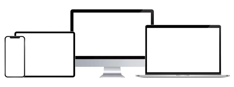 Realistic set computer, laptop, tablet and smartphone. Device screen mockup c Stock Illustration