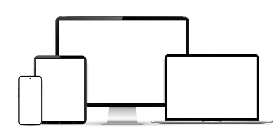 Realistic set computer, laptop, tablet and smartphone. Device screen mockup. Stock Illustration
