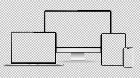 Realistic set of electronic devices, computer screen, laptop, tablet pc and s Stock Illustration