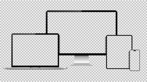 Realistic set of electronic devices, computer screen, laptop, tablet pc and s Illustrazione stock