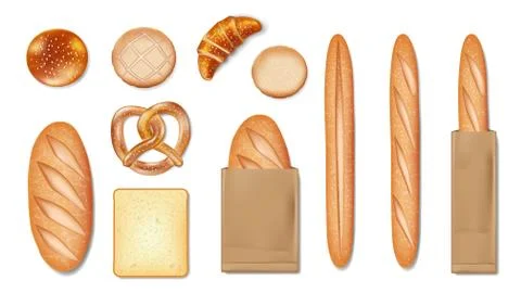 Realistic set of food cracker, bread, pretzel, croissant, bagel, french baguette Stock Illustration