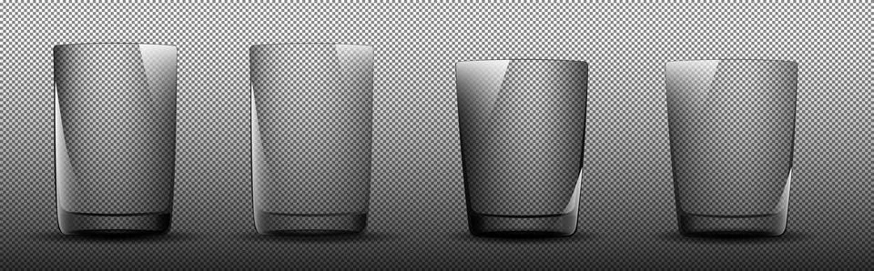 Realistic set of glass empty glasses, different sizes on a transparent Stock Illustration