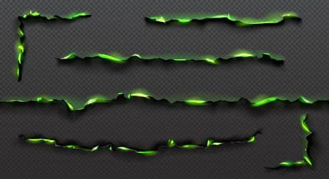 Realistic set of green fire burning on paper edges Stock Illustration