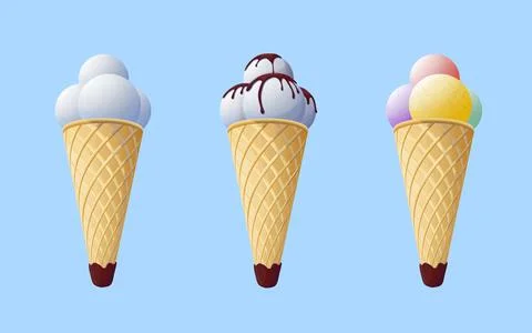 Realistic set of ice cream cones with balls of different flavors and chocol.. Stock Illustration