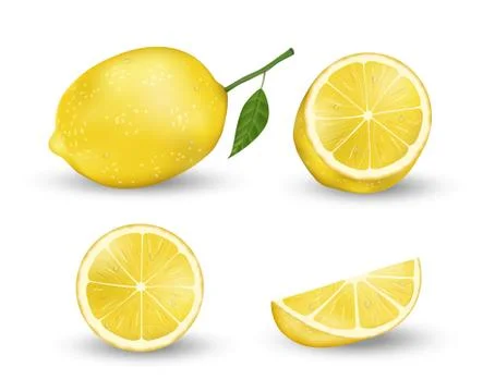 Realistic set of Lemon elements. Fresh yellow lemon isolated on white background Stock Illustration