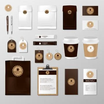 Realistic set mock up template for coffee shop or restaurant. Coffee card, menu Stock Illustration
