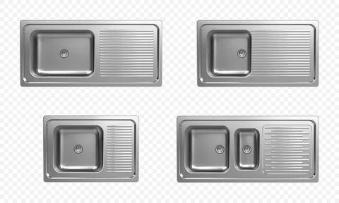 Realistic set of stainless kitchen sinks top view Illustrazione stock