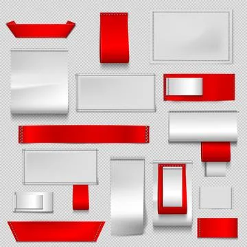 Realistic set of textile labels in red and white colors, various shapes and Stock Illustration