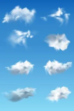 Realistic set of transparent different clouds isolated on blue background. Stock Illustration