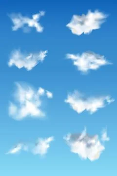 Realistic set of transparent different clouds isolated on blue background. Stock Illustration