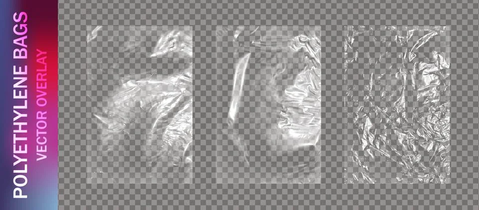 Realistic set of transparent plastic polyethylene bags overlay. Wrapping Stock Illustration