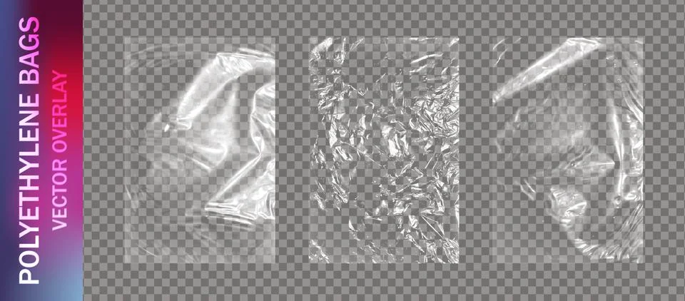 Realistic set of transparent plastic polyethylene bags overlay. Wrapping Stock Illustration