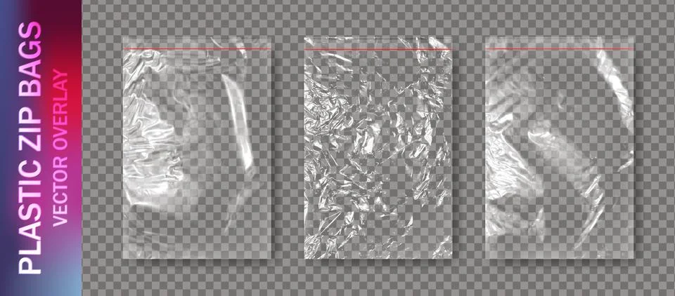 Realistic set of transparent plastic polyethylene zip bags overlay with shadows. Stock Illustration