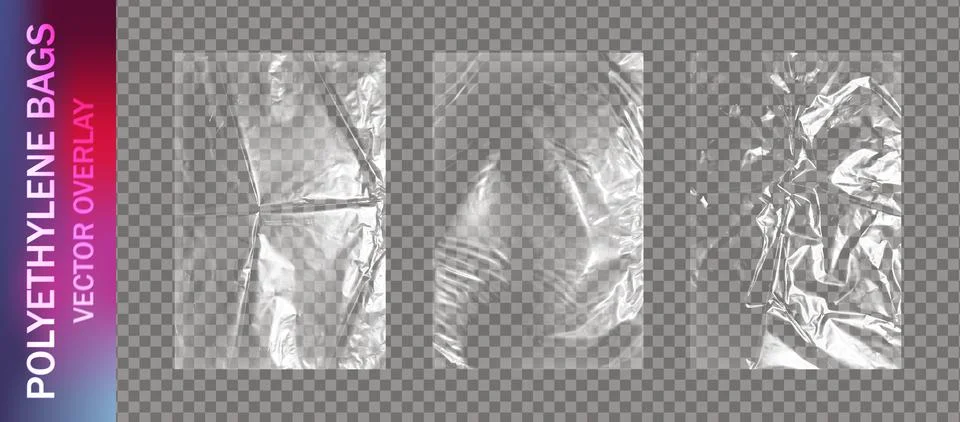 Realistic set of transparent plastic polyethylene bags overlay. Wrapping Stock Illustration