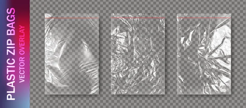 Realistic set of transparent plastic polyethylene zip bags overlay with shadows. Stock Illustration