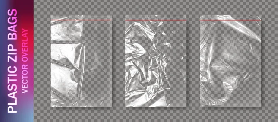 Realistic set of transparent plastic polyethylene zip bags overlay with shadows. Stock Illustration